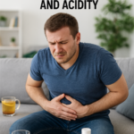 llustration of a person holding their stomach with a burning stomach graphic, representing quick relief from gastritis and acidity.