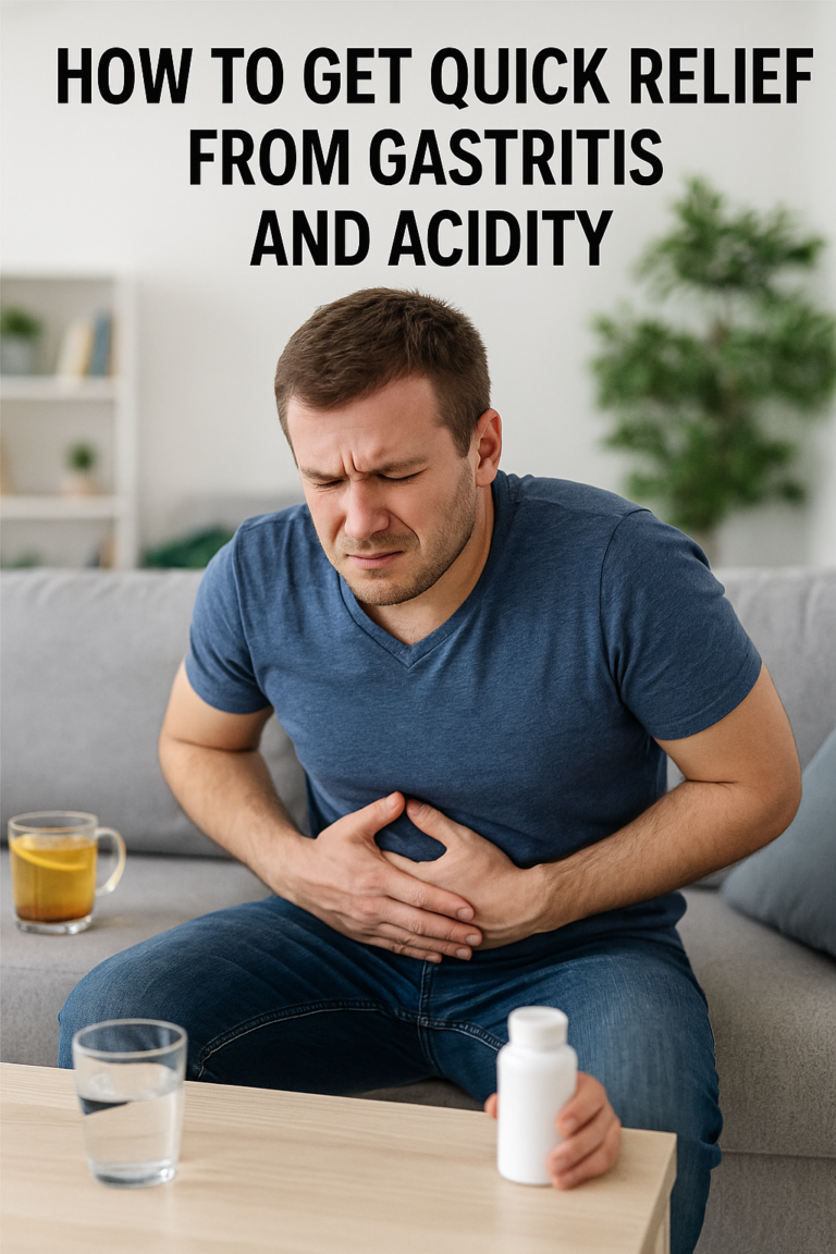 llustration of a person holding their stomach with a burning stomach graphic, representing quick relief from gastritis and acidity.
