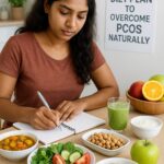 Indian woman planning PCOS diet with healthy foods including vegetables, fruits, and grains