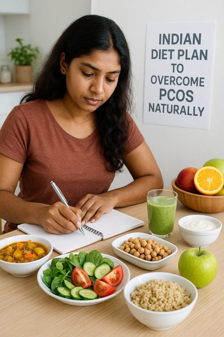 Indian woman planning PCOS diet with healthy foods including vegetables, fruits, and grains